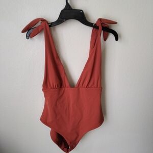 Mara Hoffman Daphne Deep Plunge Orange Red One Piece Swimsuit Medium